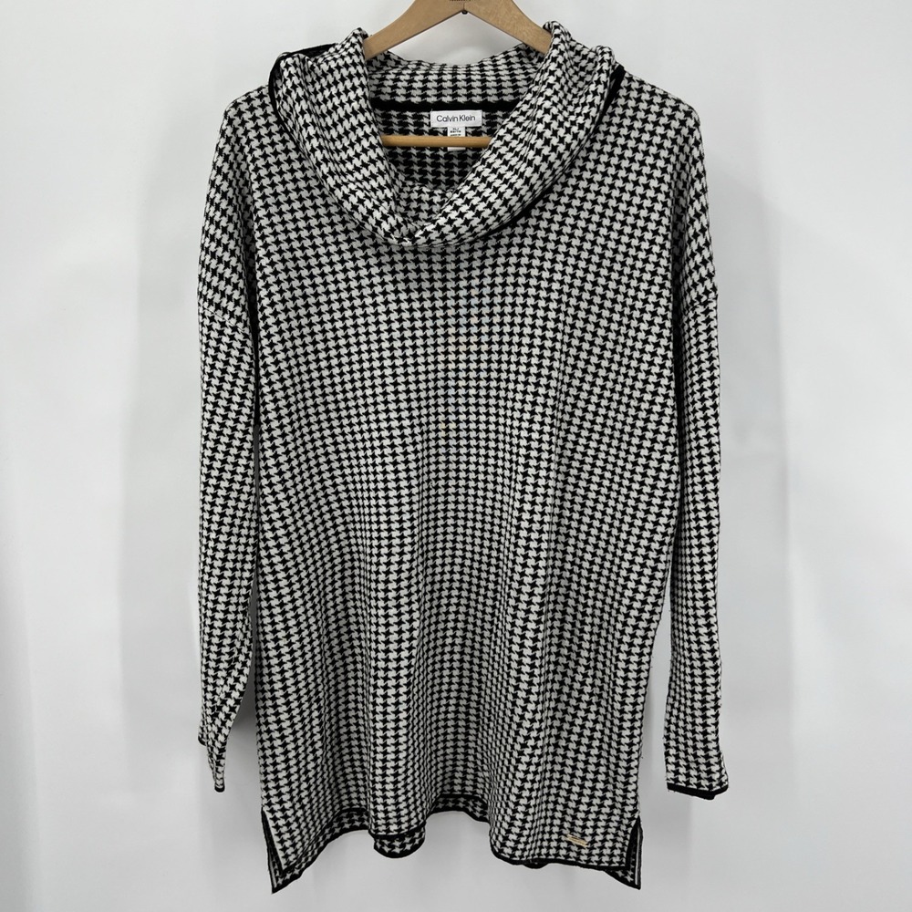 CALVIN KLEIN Women's Houndstooth Pattern Cowl Neck Tunic Sweater Oversized XL